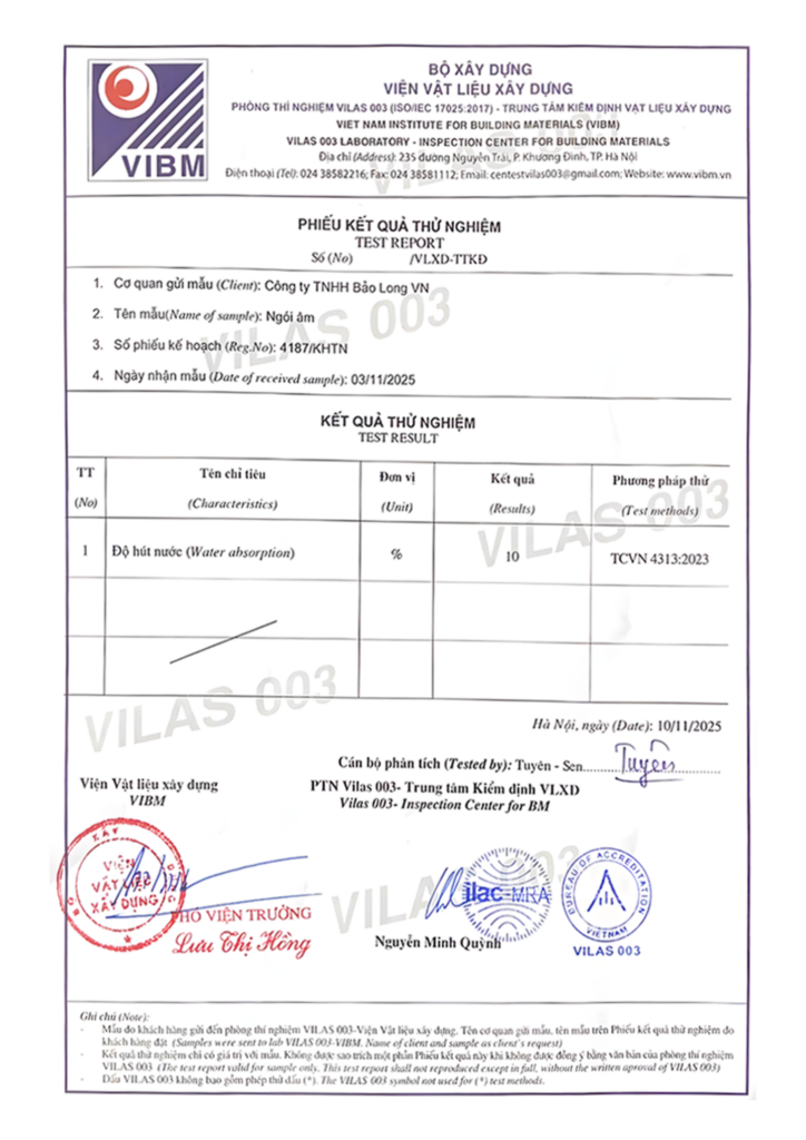 Chứng nhận Ngói Âm Dương - Bảo Long VN