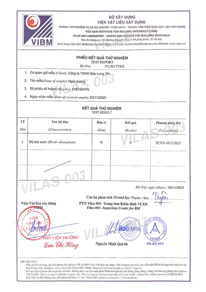 Chứng nhận Ngói Âm Dương - Bảo Long VN